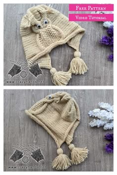two pictures showing how to make a knitted hat