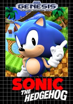 sonic the hedgehog game cover with an animated character pointing to it's right side