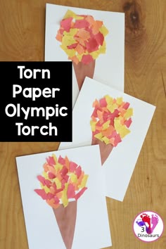 three paper olympic torchs with the text torn paper olympics torch on them and an image of