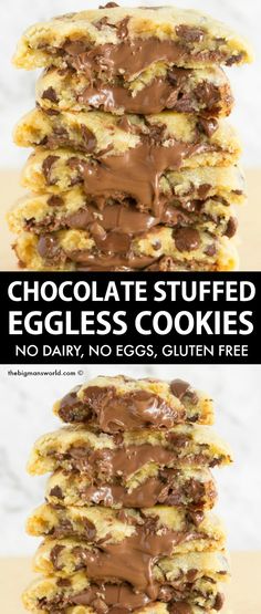 chocolate stuffed eggless cookies are stacked on top of each other with the words, no dairy