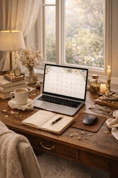 an open laptop computer sitting on top of a wooden desk next to a cup of coffee