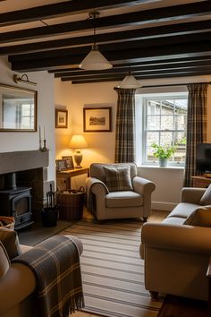 a living room filled with furniture and a fire place