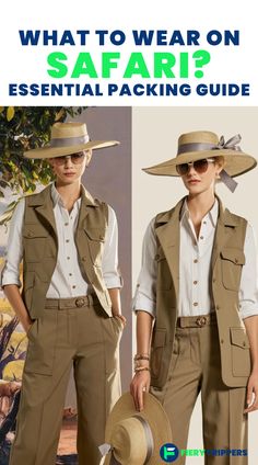 Planning a safari adventure? 🐘🌿 Discover what to wear for the ultimate safari experience! From lightweight and breathable clothing to neutral tones and sturdy footwear, we've got you covered. Click now for your essential packing guide! #SafariWear #SafariPacking #AdventureStyle #TravelEssentials #SafariTips #TravelFashionGirl #PackingLists #whattowearonsafari #safarioutfitsforwomen #safari Clothes To Wear On Safari, Adventure Clothes Women, Safari Travel Outfit, Best Safari Outfits, How To Dress For Safari, Women’s Safari Outfit, What To Wear On Safari, Safari Clothing Ideas, Safari Fashion