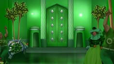 two women in green dresses are dancing around with trees and decorations on the wall behind them