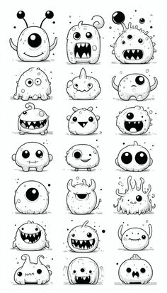 the different types of cartoon monsters are shown in black and white, including one with large eyes