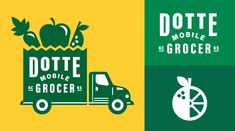 two logos for the mobile grocery store dote and grocer, with an image of