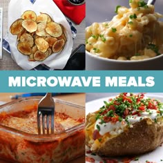 there are many different foods in this collage with the words microwave meals on it