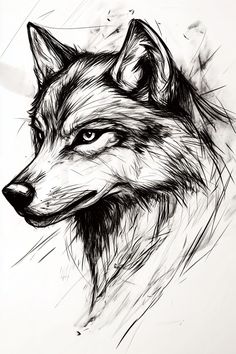 a black and white drawing of a wolf's head