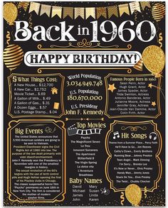 a black and gold birthday party poster with the words back in 1900, happy birthday