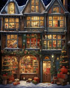 a painting of a house with christmas decorations and presents in the front window at night