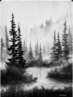 a black and white drawing of trees in the foggy woods by a lake with water
