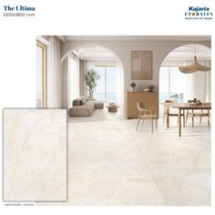 the interior of a living room with white marble flooring and walls, along with an open dining area