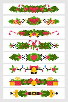 christmas garlands and ribbons with bows, bells, candy canes, holly leaves