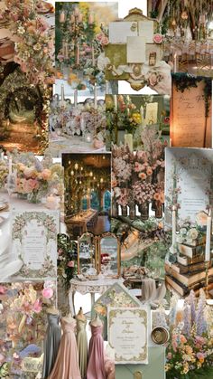 a collage of photos with flowers and other things on it, including cards, pictures, and decorations