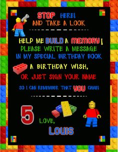 a birthday card with legos on it and the words stop here and take a look help me build a memory i please write a message in my special birthday book