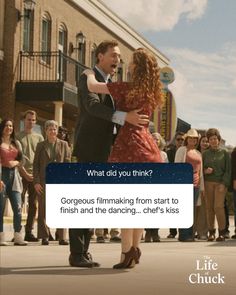 a man and woman dancing in front of a group of people on the street with text that reads, what did you think?