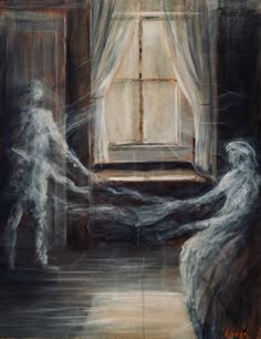 a painting of two ghostly figures in front of a window