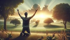 a man sitting on top of a lush green field under a sky filled with clouds