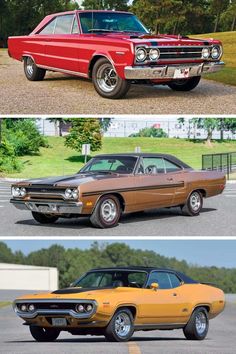 two different cars side by side, one is orange and the other has brown in color