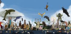 many different types of animals and birds floating in the air