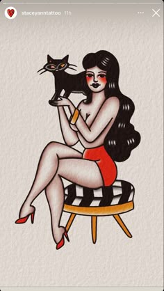 a drawing of a woman sitting on a stool holding a black cat in her lap