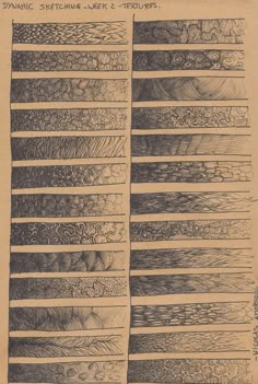 an old book with many different types of lines and shapes on the pages, all lined up in rows