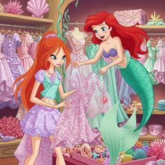 the little mermaids are looking at their dresses