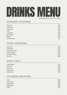 the drink menu for drinks is shown in black and white
