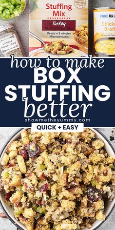a bowl filled with stuffing next to an image of the box and ingredients for stuffing