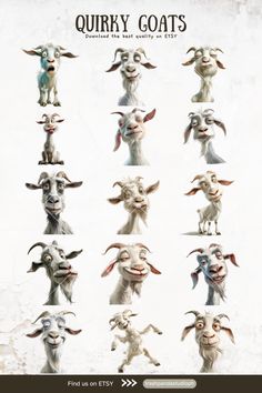 an image of some goats with different expressions on their faces and body, all in various poses