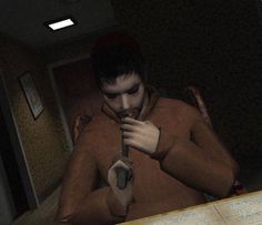 a man in a brown shirt holding a knife next to a book on a table