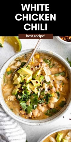 white chicken chili with avocado and cilantro in a bowl