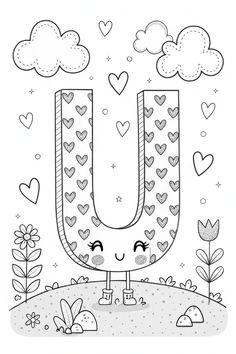 the letter u with hearts and clouds above it is outlined in black ink on a white background