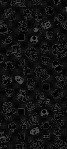 black and white wallpaper with cartoon characters on it