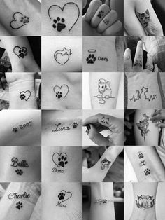 many different tattoos on the arms and legs of people with dogs, cats, and hearts