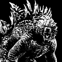 a black and white image of a godzilla
