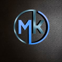 the letter k is made up of blue and silver letters on a black background with circles