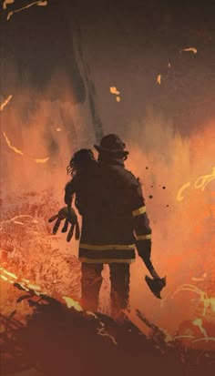a firefighter is silhouetted against an orange and black background as he stands in the midst of flames