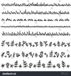 hand drawn doodle lines with flowers and leaves in black on white background stock photo