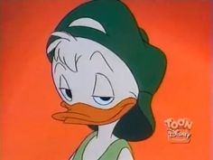 an animated duck wearing a green hat