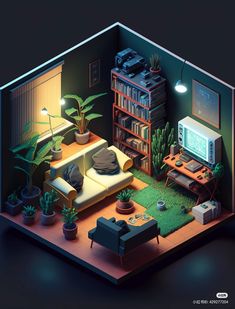 a living room filled with furniture and plants