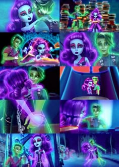the monster girls are all dressed up in purple and green hair, while one girl is holding