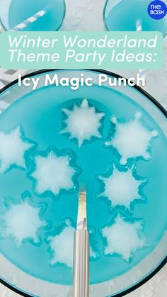 a blue plate with white snowflakes on it and the words winter wonderland theme party ideas