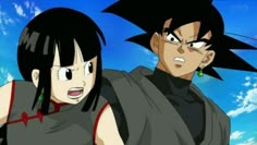 two anime characters one with black hair and the other with green eyes, standing in front of a blue sky