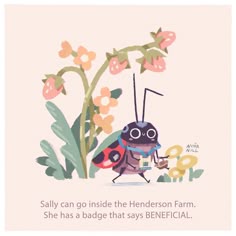 a card with an illustration of a lady bug holding a watering can in front of flowers