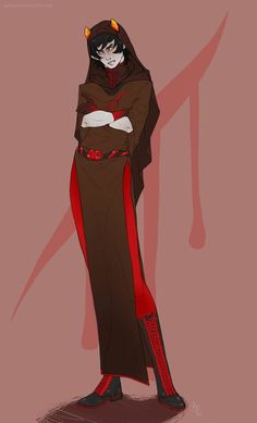 a drawing of a woman in a brown and red outfit with horns on her head