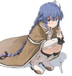 an anime character sitting on the ground with her arm around her chest and legs crossed