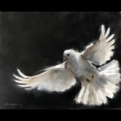 a painting of two white doves in flight