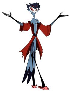 an animated character in red and blue with one hand out to the side, holding two hands out