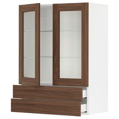 a white and brown cabinet with glass doors